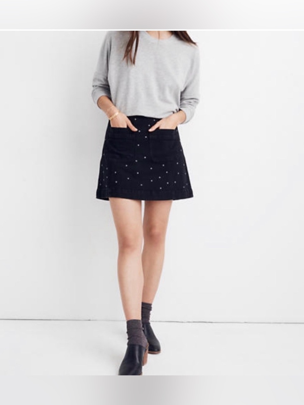 *MADEWELL* Black x Silver Star Studded A- Line Stretch Denim Mini Skirt Size 4